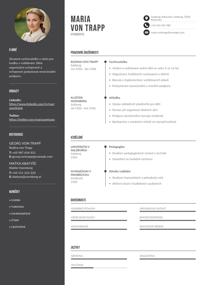Divu kolonnu Vychovatel zivotopis CV piemērs