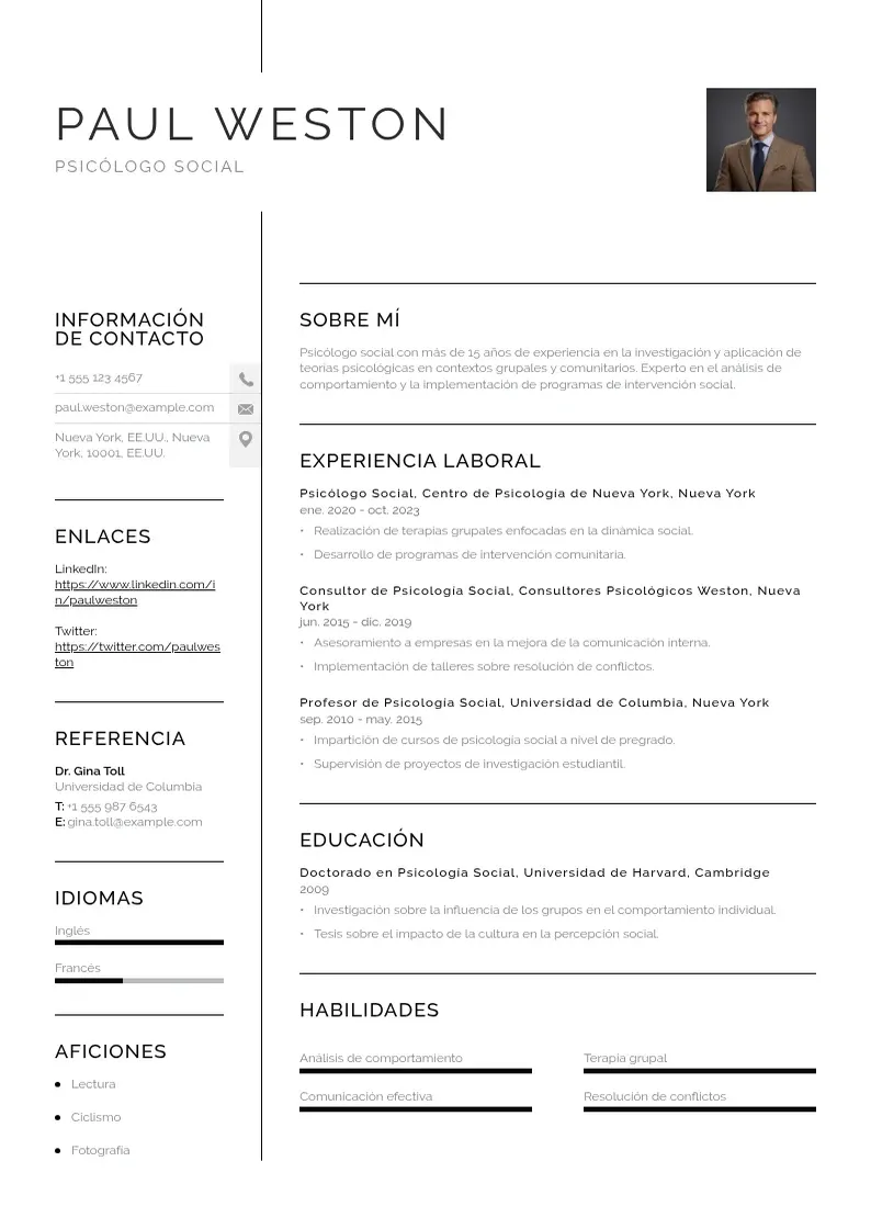 two column psicologoa-social resume example