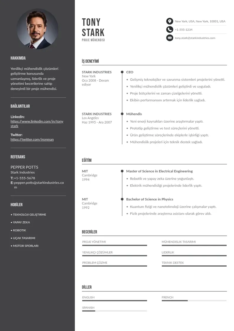 Divu kolonnu proje Mühendisi  CV piemērs