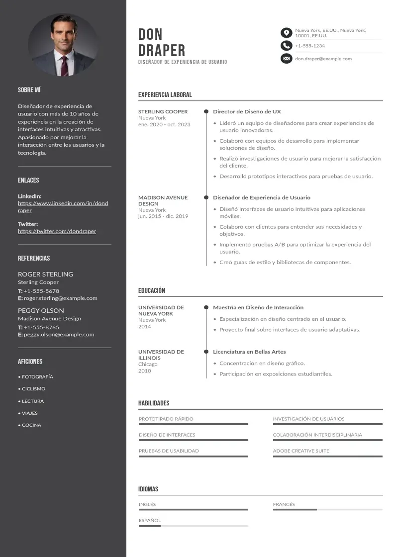 two column cv-disenador-de-experiencia-de-usuario resume example