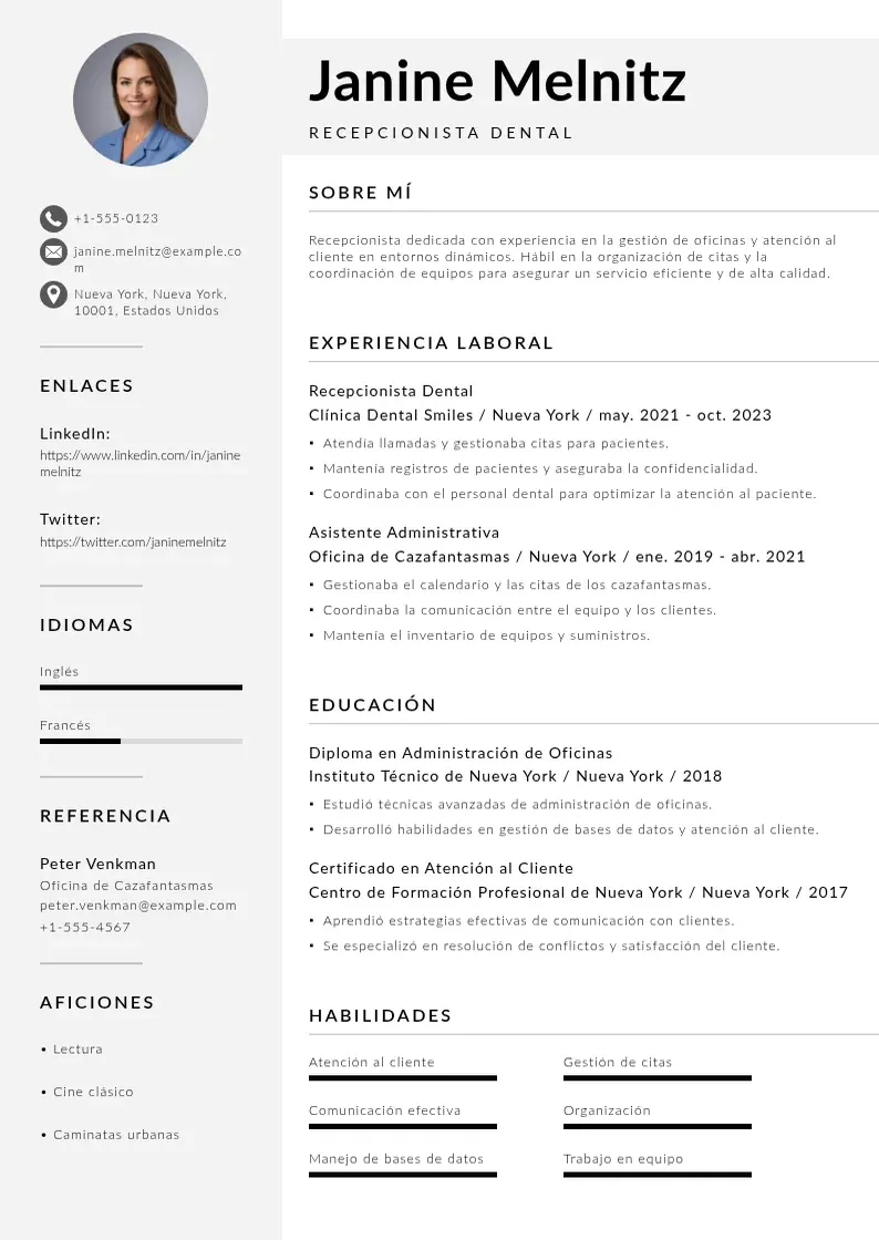 two column cv-recepcionista-dental resume example