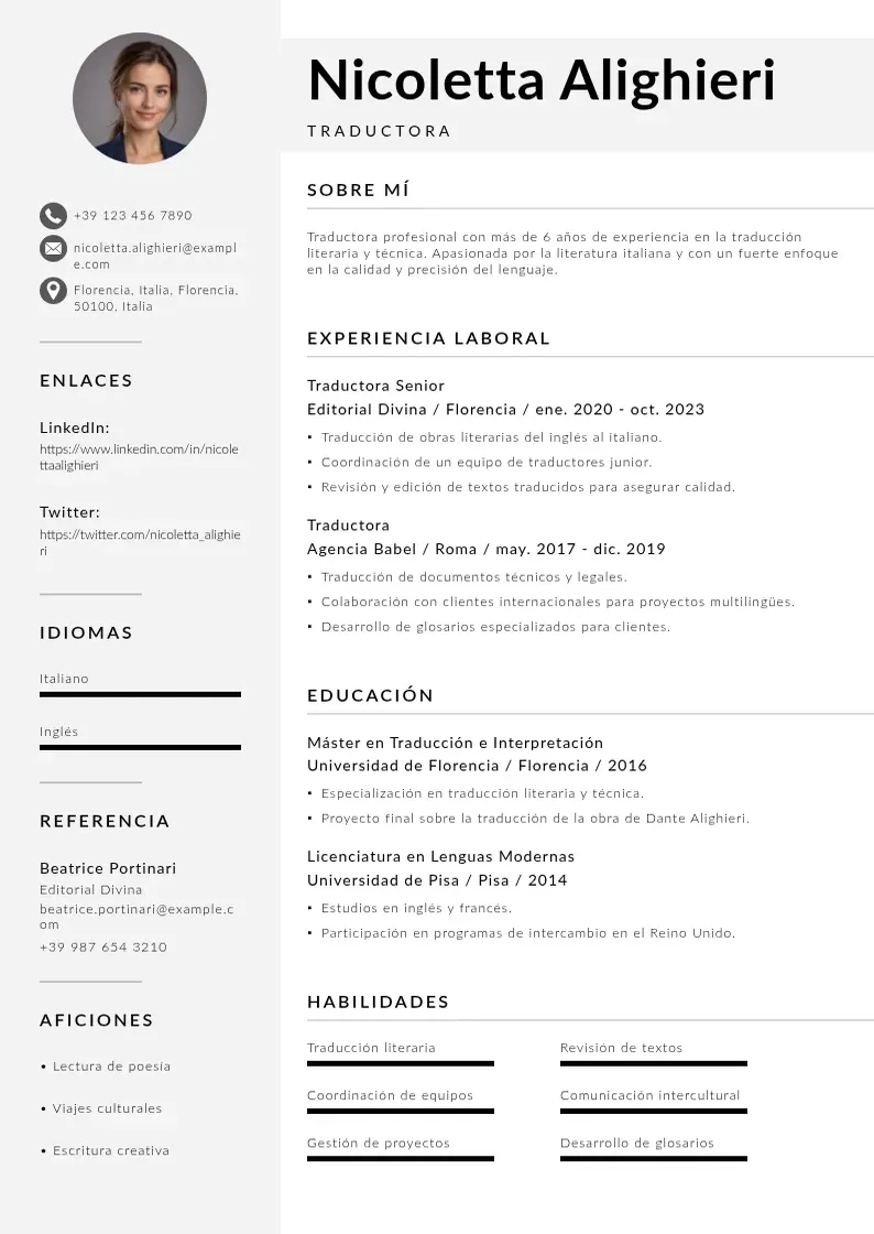 two column cv-de-traductor resume example