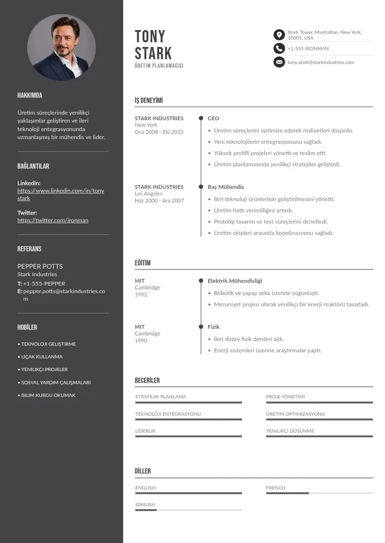 Divu kolonnu Üretim planlamacısı  CV piemērs