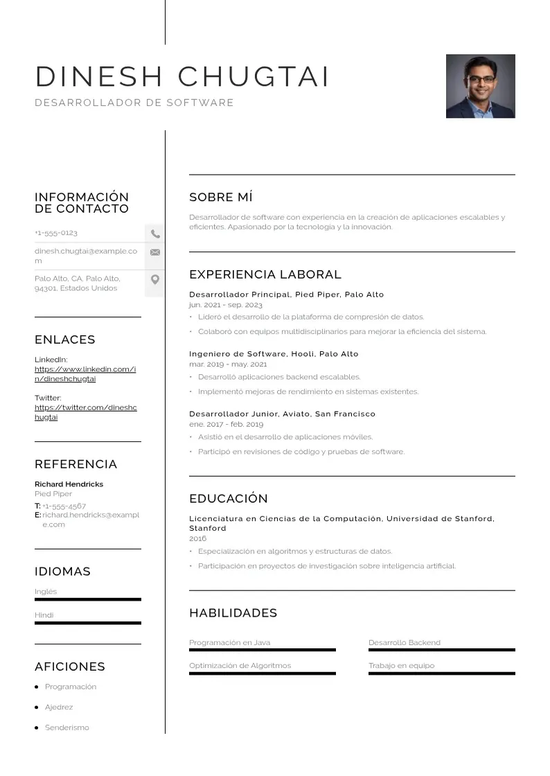 two column cv-desarrollador-de-software resume example