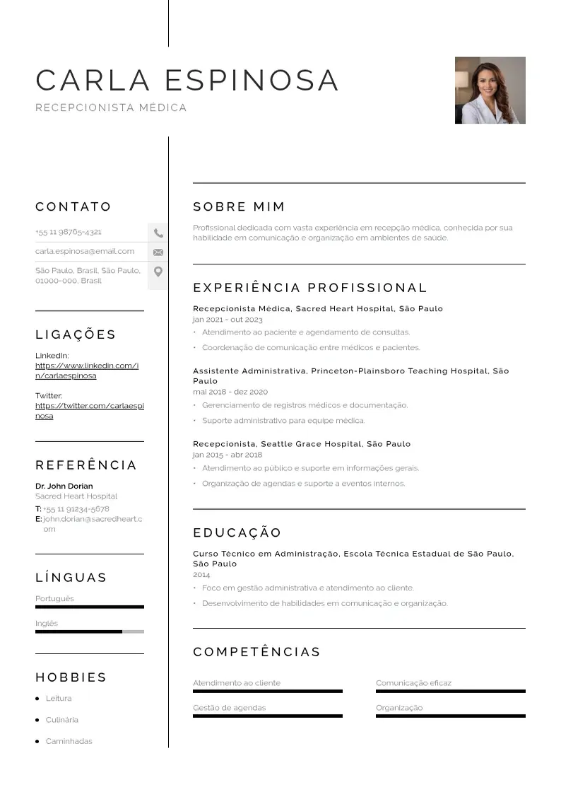 Exemplo de currículo simples de De recepcionista medica