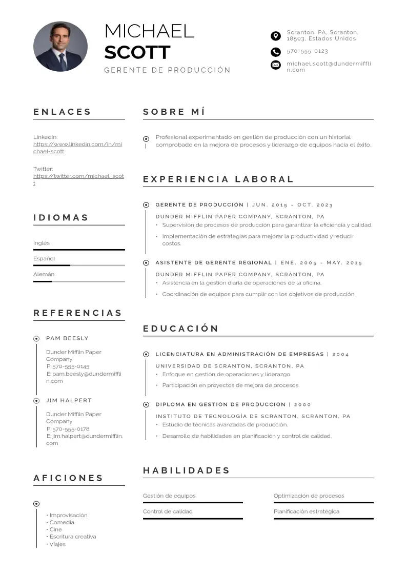 two column gerente-de-produccion resume example