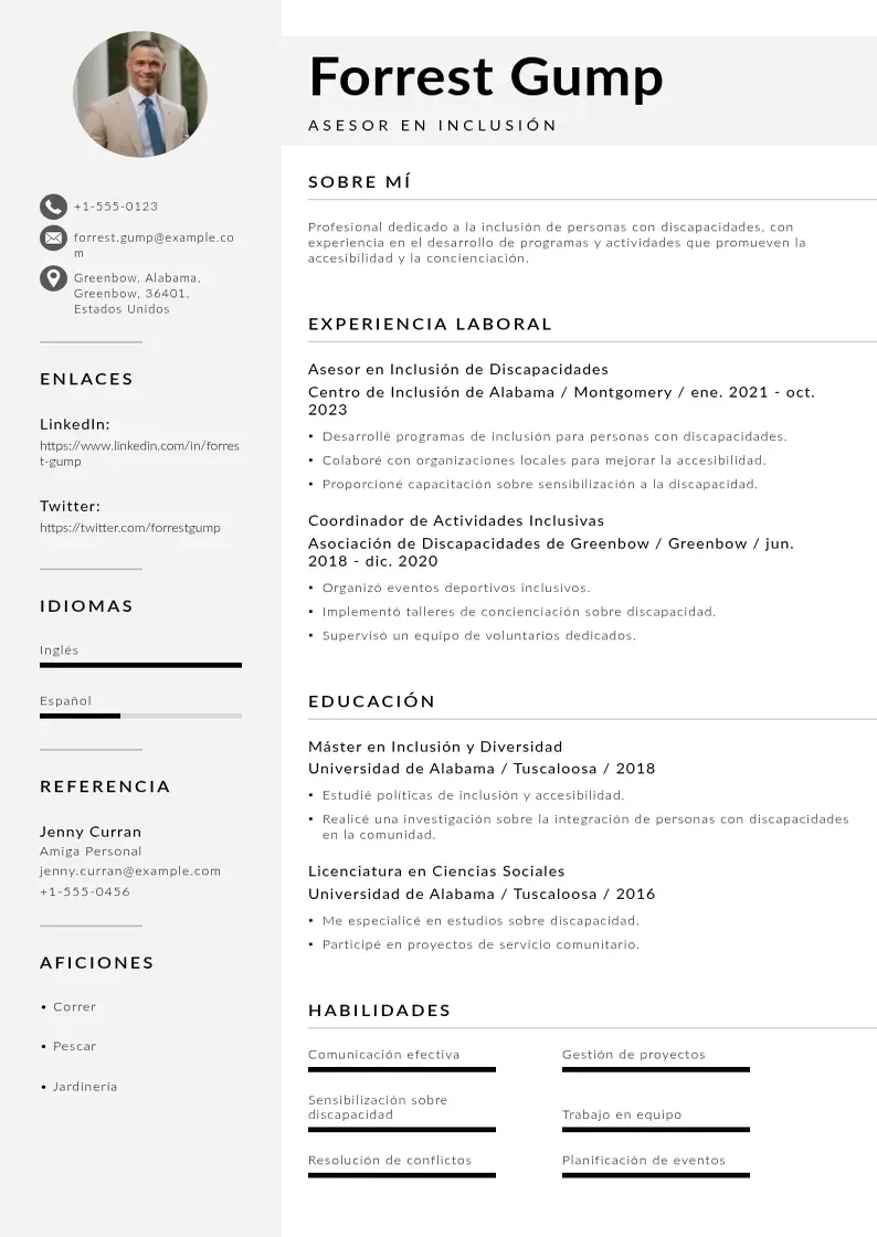 two column asesora-en-inclusion-de-discapacidades resume example