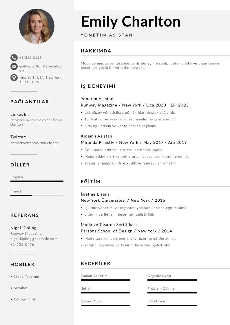 Mūsdienīga Yonetim asistani ozgecmis CV veidne