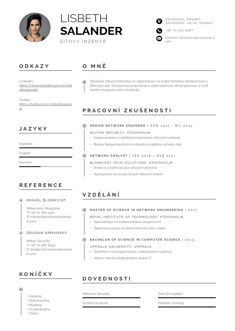 Profesionāla Sitovy inzenyr zivotopis CV veidne