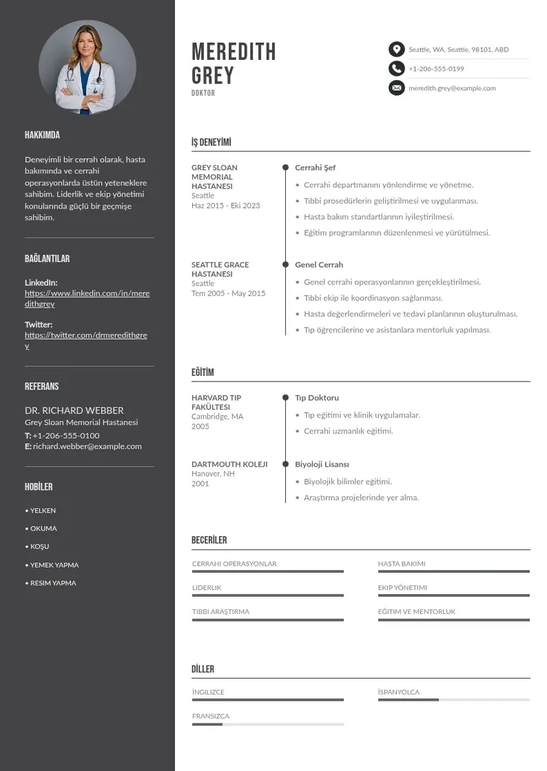 Divu kolonnu Sağlık hizmeti  CV piemērs