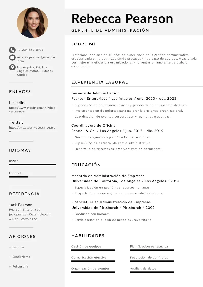 two column gerente-de-administracion resume example