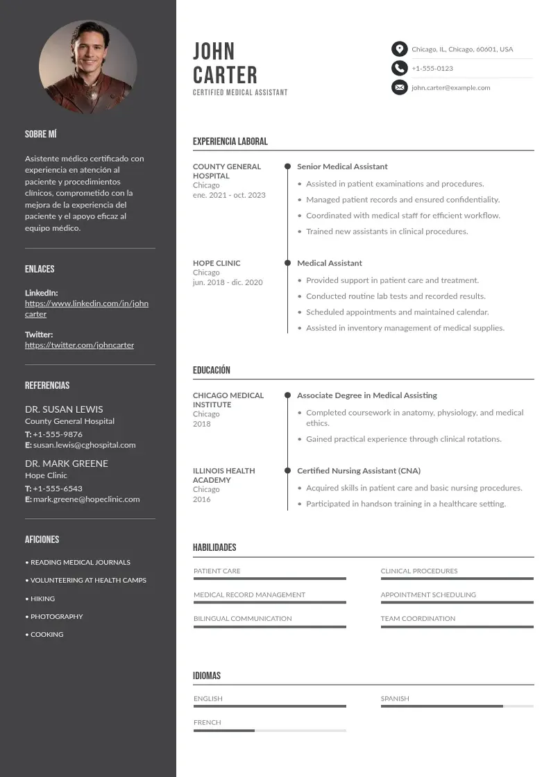 two column asistente-medico-certificado resume example