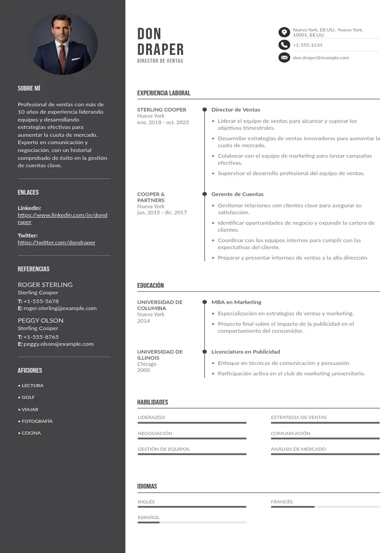 two column cv-director-de-ventas resume example