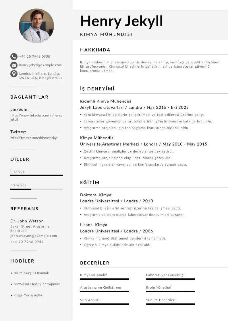 Mūsdienīga Kimya muhendisi  ornekleri CV veidne