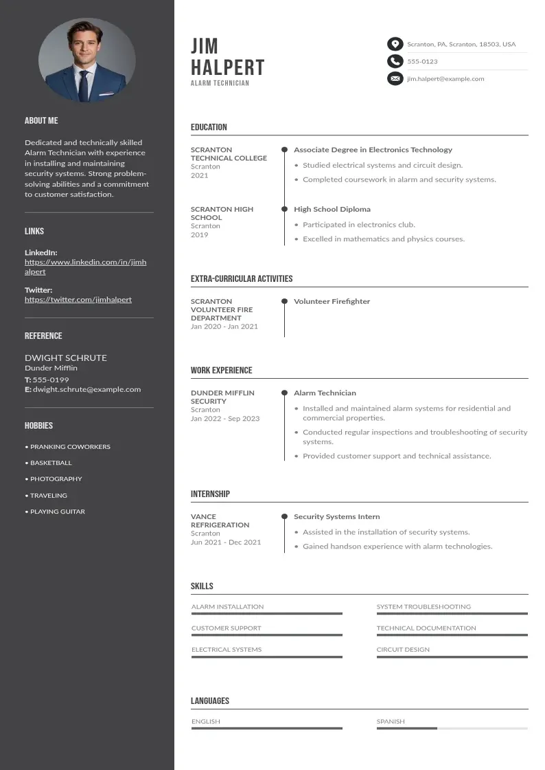 two column alarm-technician-entry-level resume example