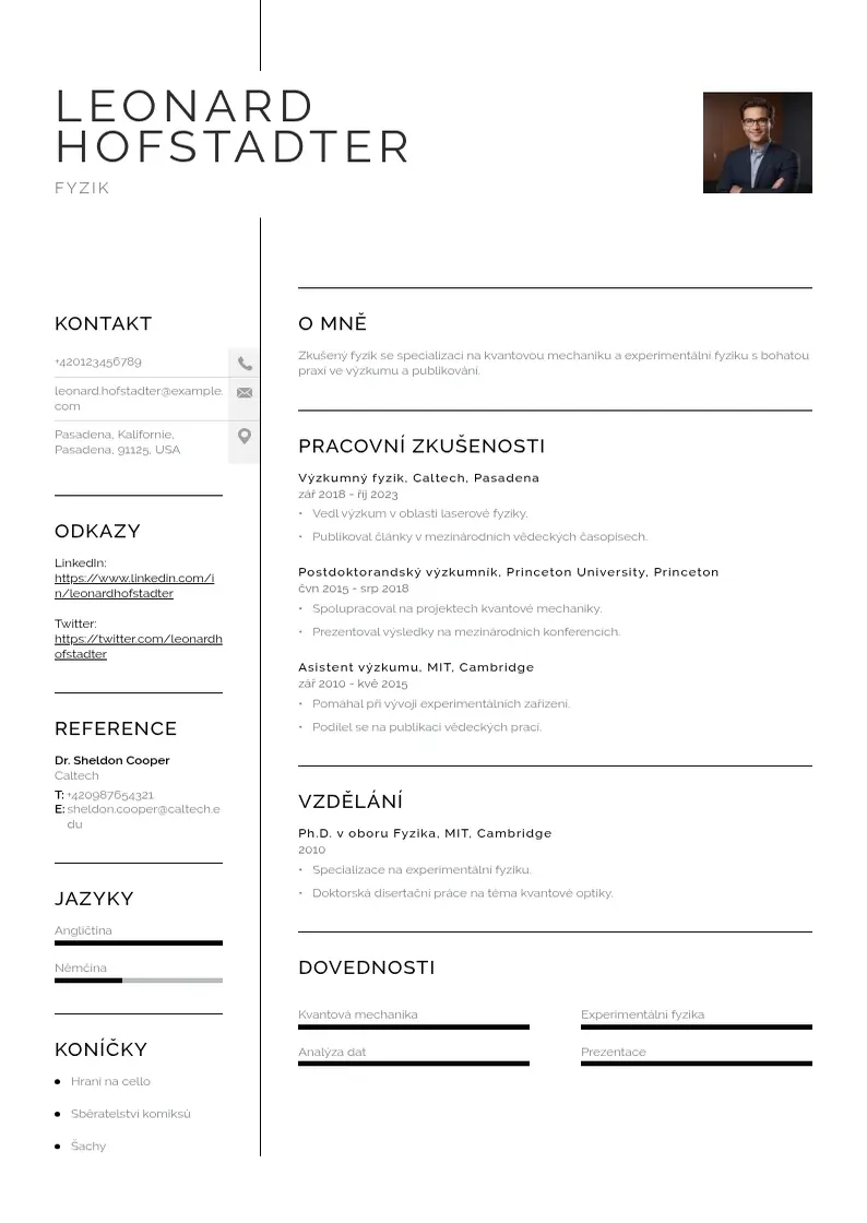 Vienkārša Zivotopis asistenta fyzika CV piemērs