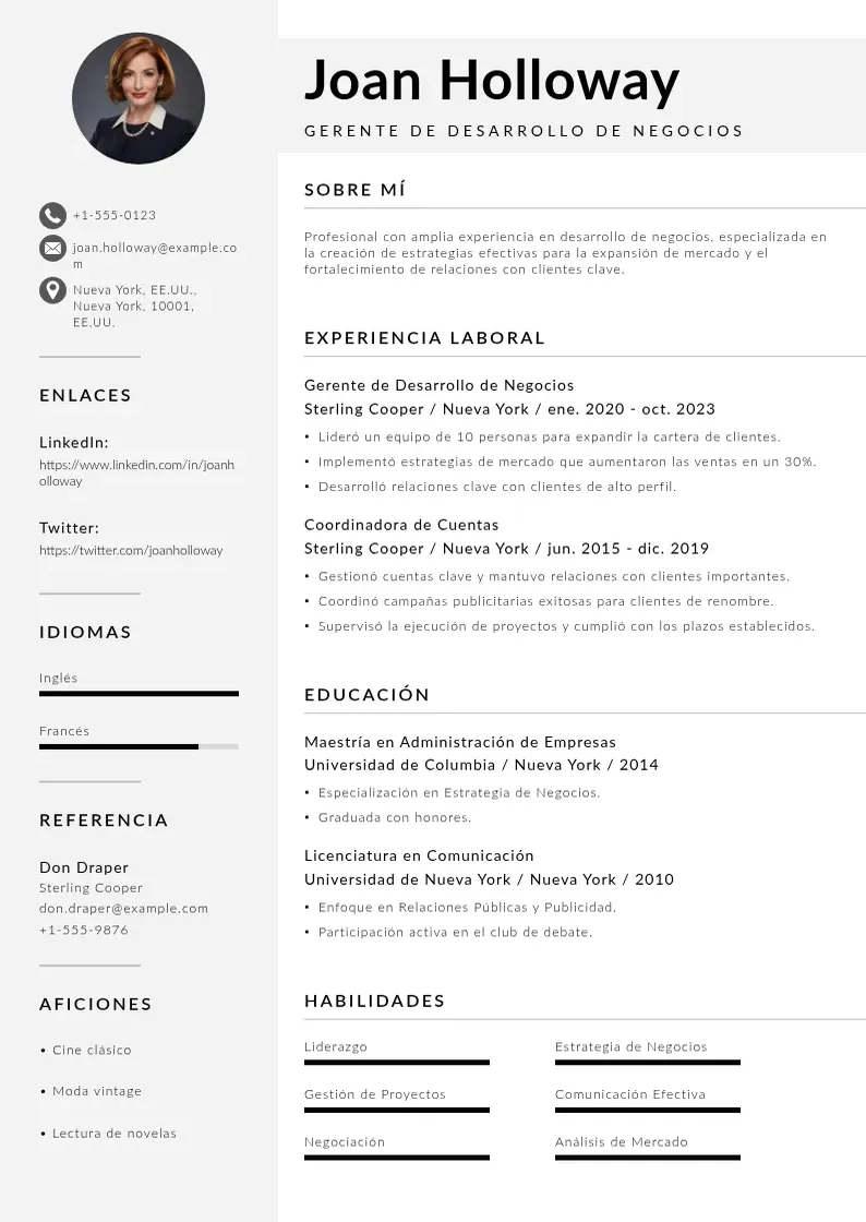 two column cv-gerente-de-desarrollo-de-negocios resume example