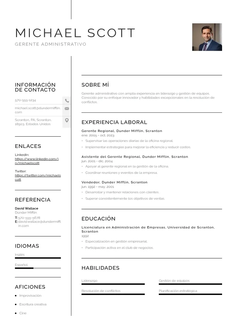 two column gerente-administrativo resume example