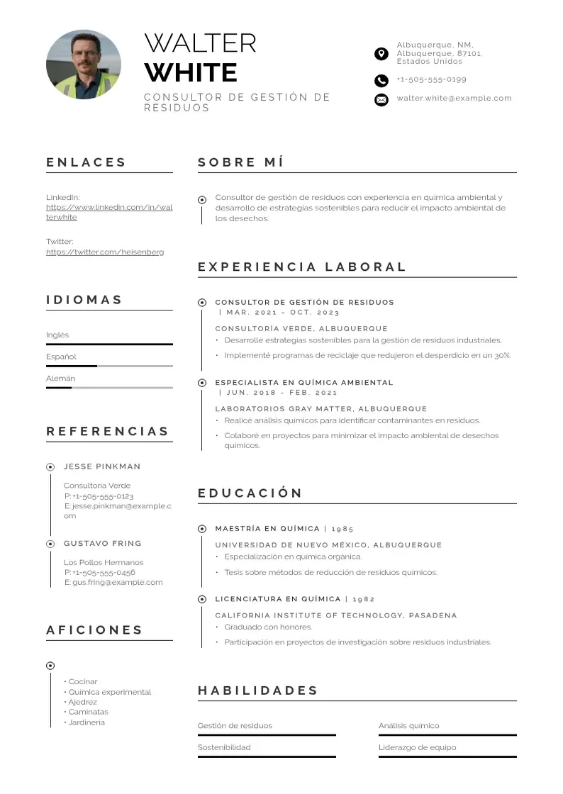 two column consultor-de-gestion-de-residuos resume example