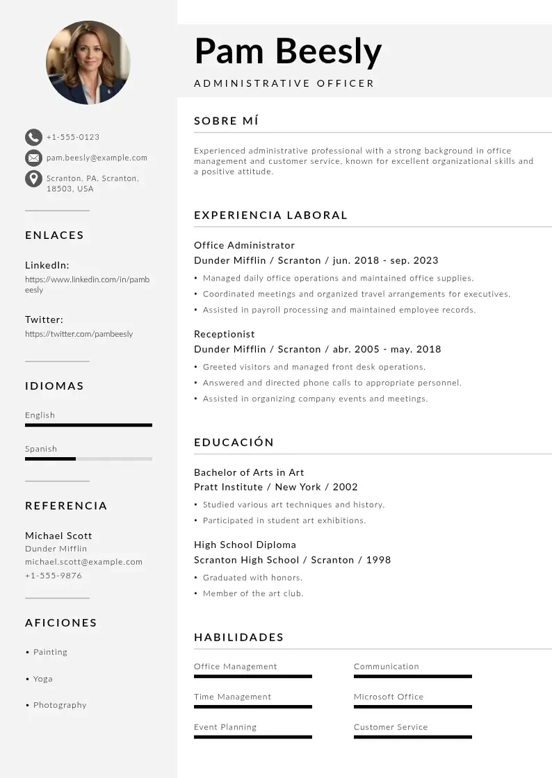 two column cv-oficial-de-administracion resume example