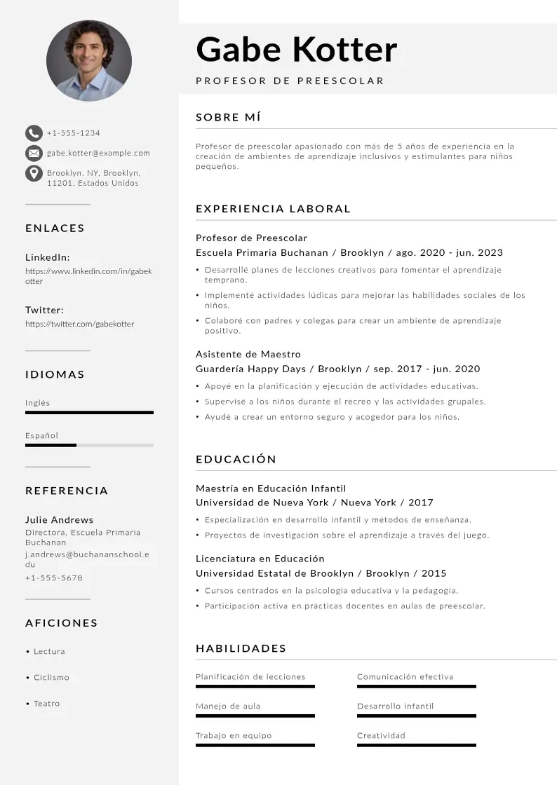 two column cv-profesor-de-preescolar resume example