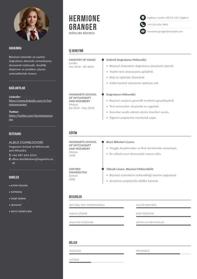 Divu kolonnu Doğrulama Mühendisi  CV piemērs