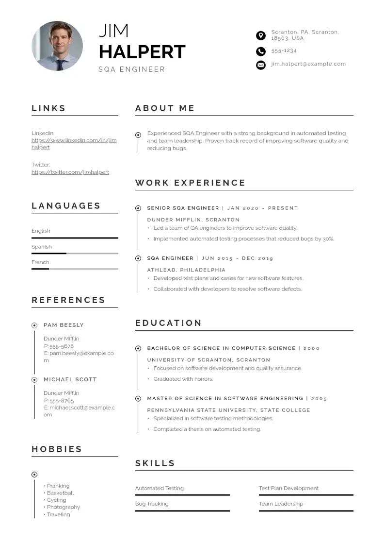 professional Sqa engineer resume resume template