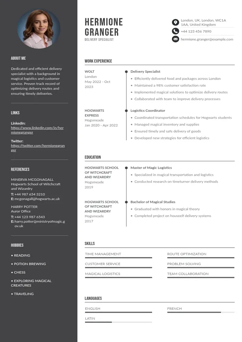 two column wolt-delivery-jobs-cv resume example