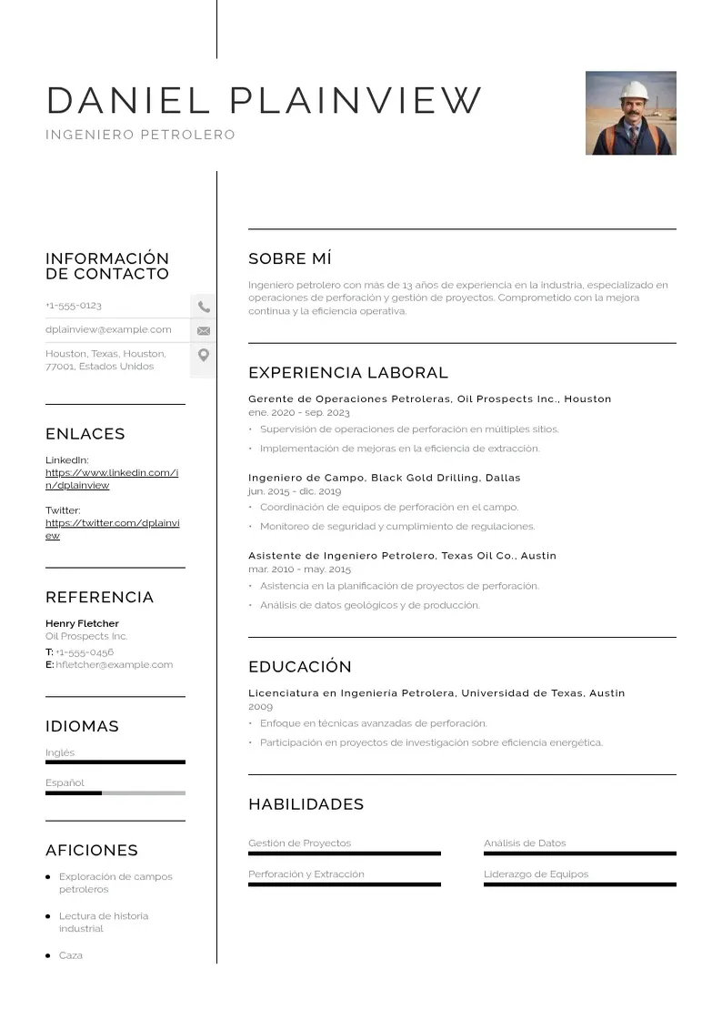 two column ingeniero-petrolero resume example