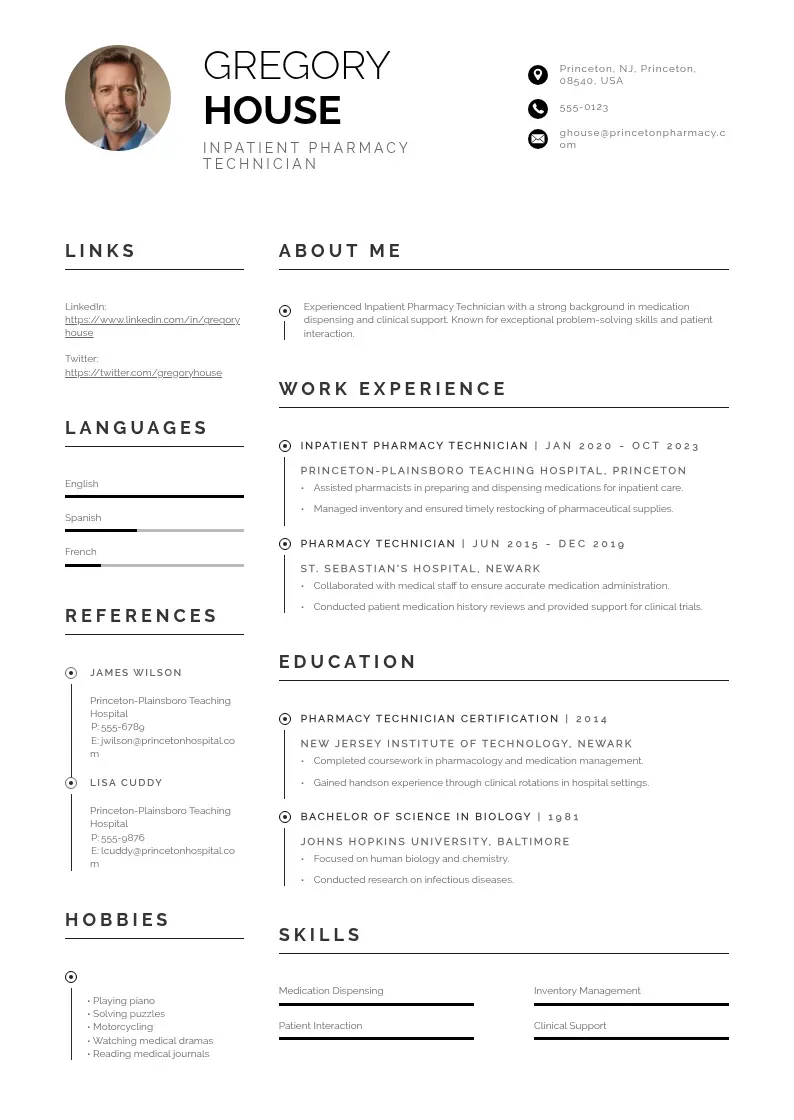 professional Inpatient pharmacy technician resume resume template