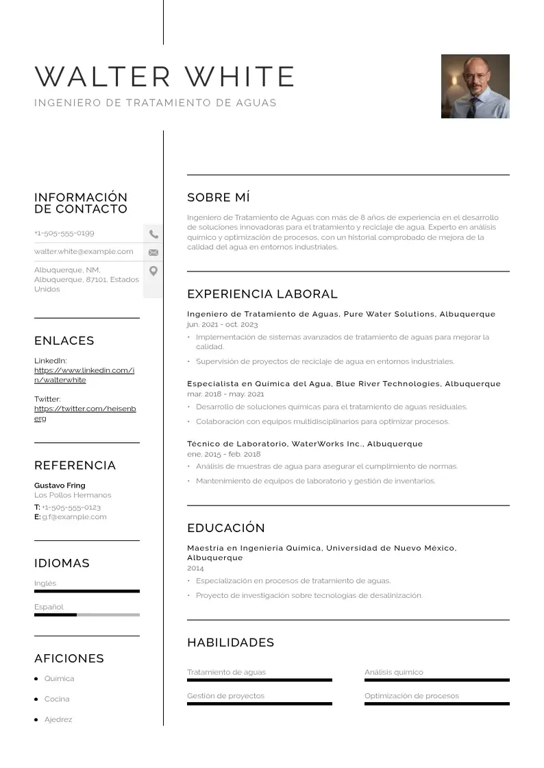 two column ingeniero-de-tratamiento-de-aguas resume example