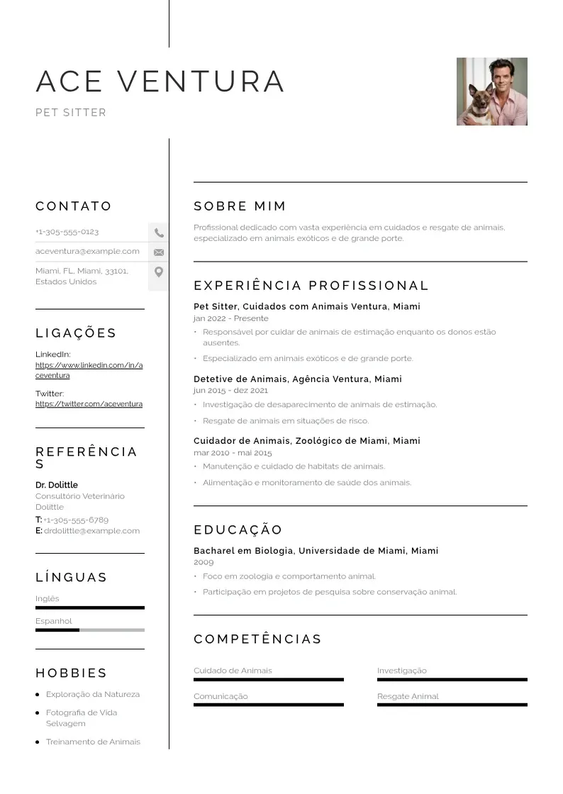 Exemplo de currículo simples de De pet sitter