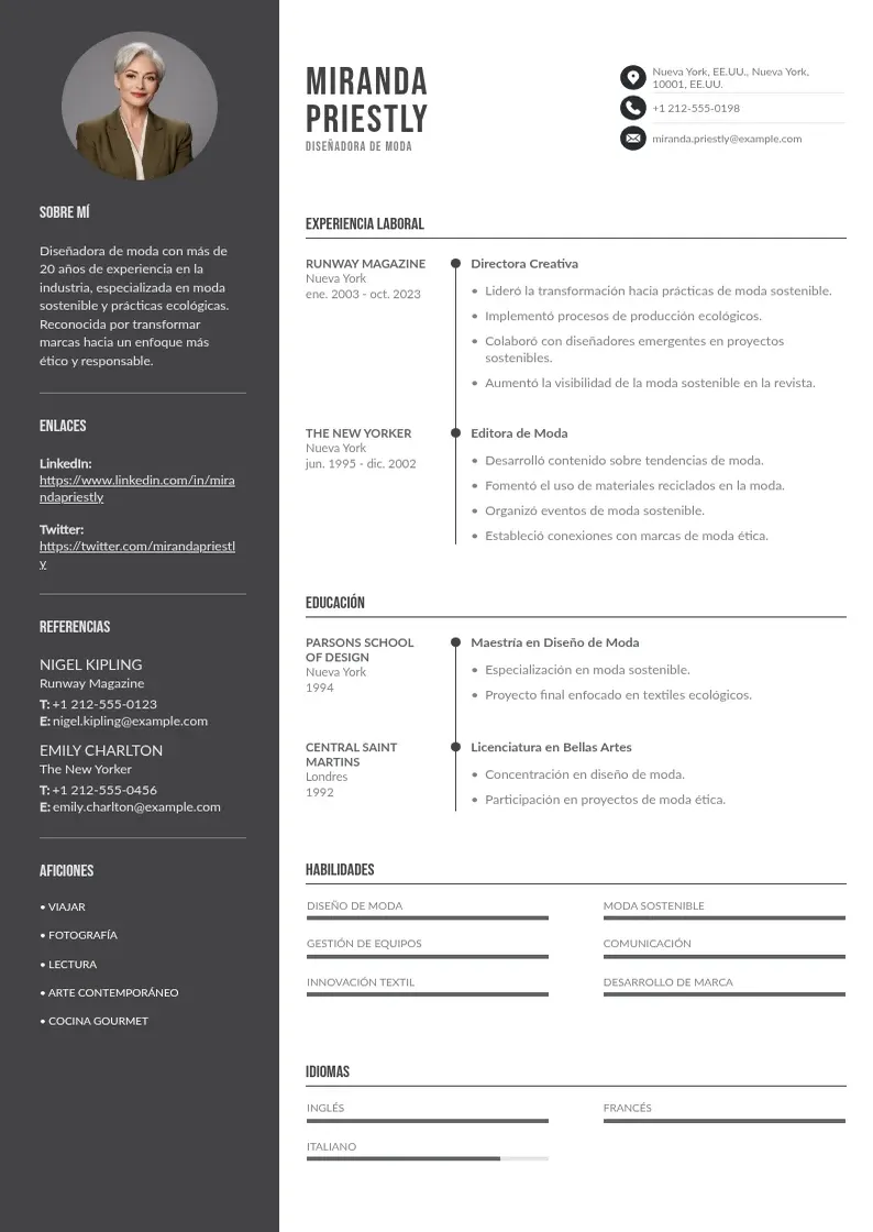 two column disenador-de-moda-sostenible resume example