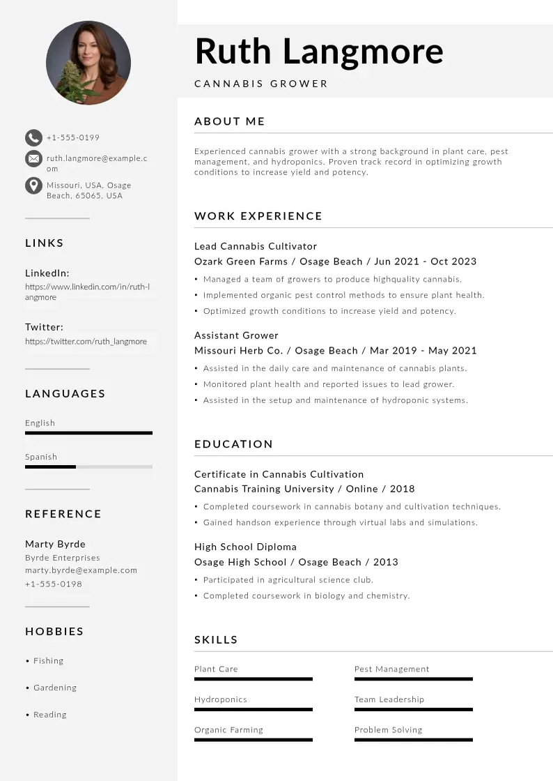 modern Cannabis grower resume resume template