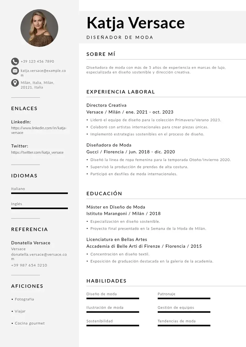 two column cv-disenador-de-moda resume example