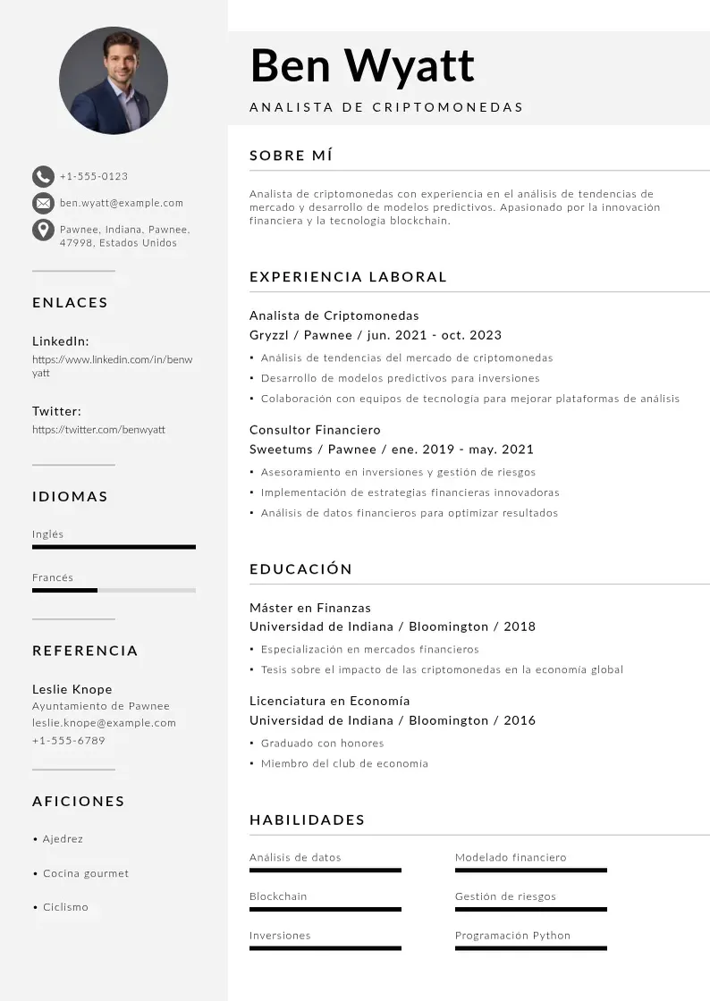 two column analista-de-criptomonedas resume example