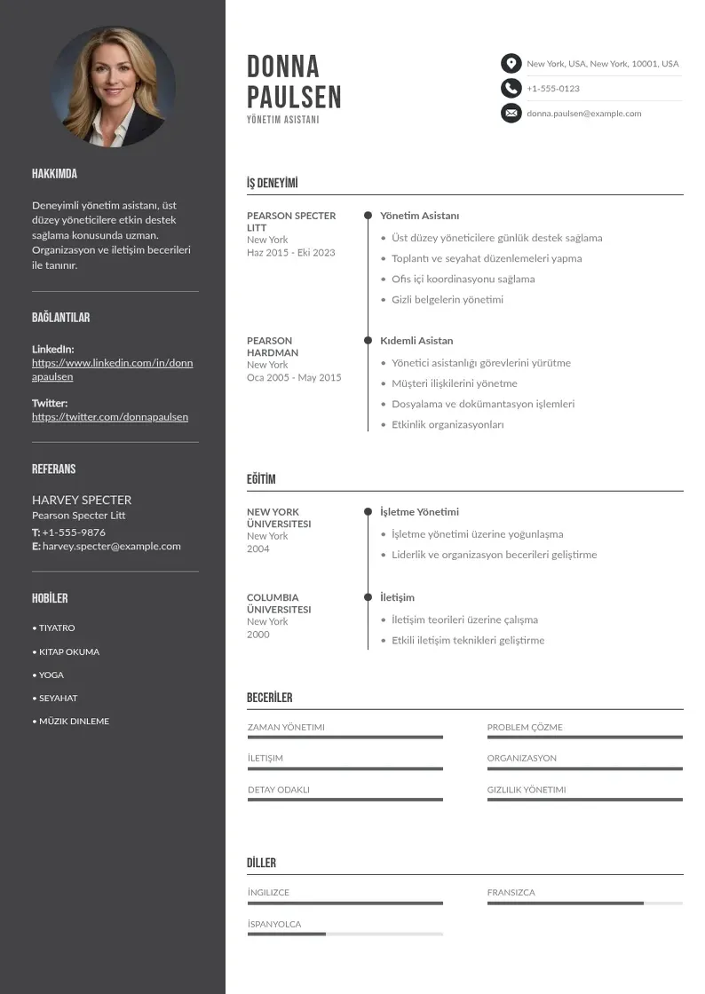 Divu kolonnu Yonetim asistani ozgecmis CV piemērs
