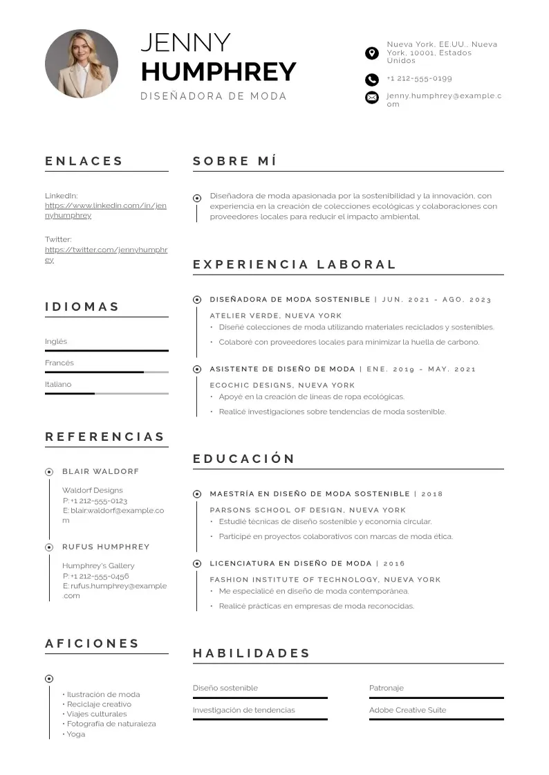 two column disenador-de-moda-sostenible resume example