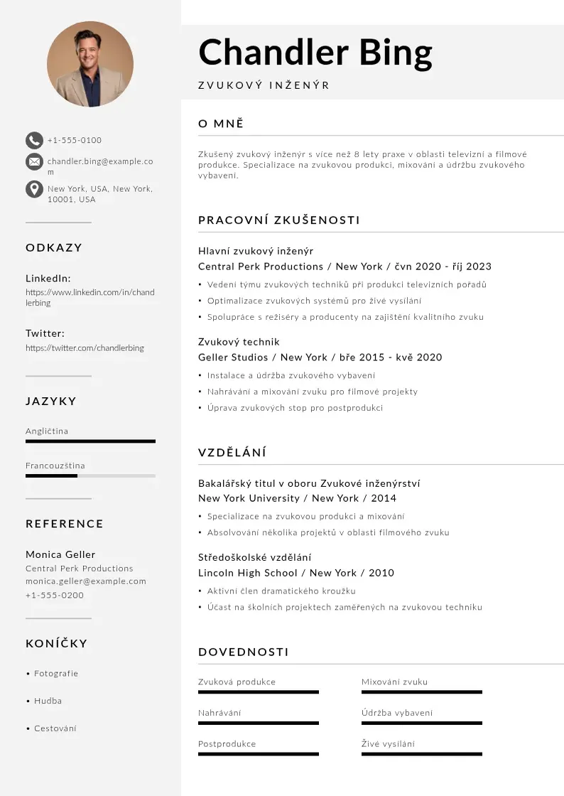 Mūsdienīga Zvukovy inzenyr zivotopis CV veidne