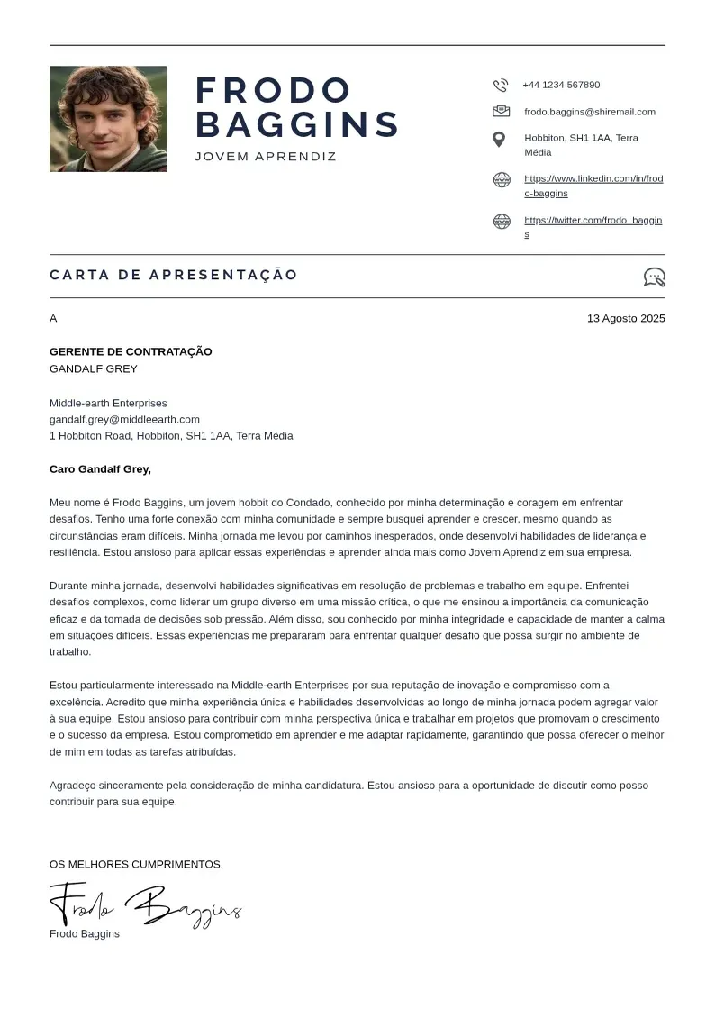 Exemplo de carta de apresentação básica de Jovem aprendiz