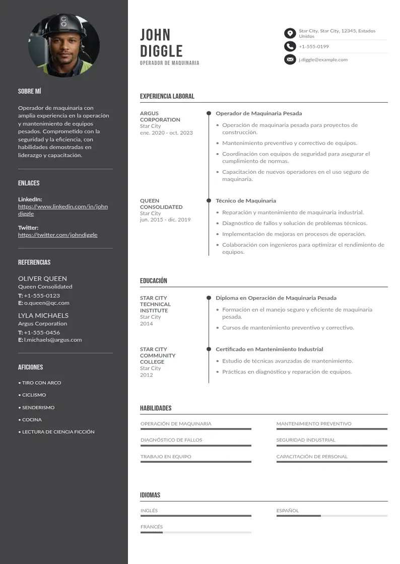 two column cv-operador-de-maquinaria resume example