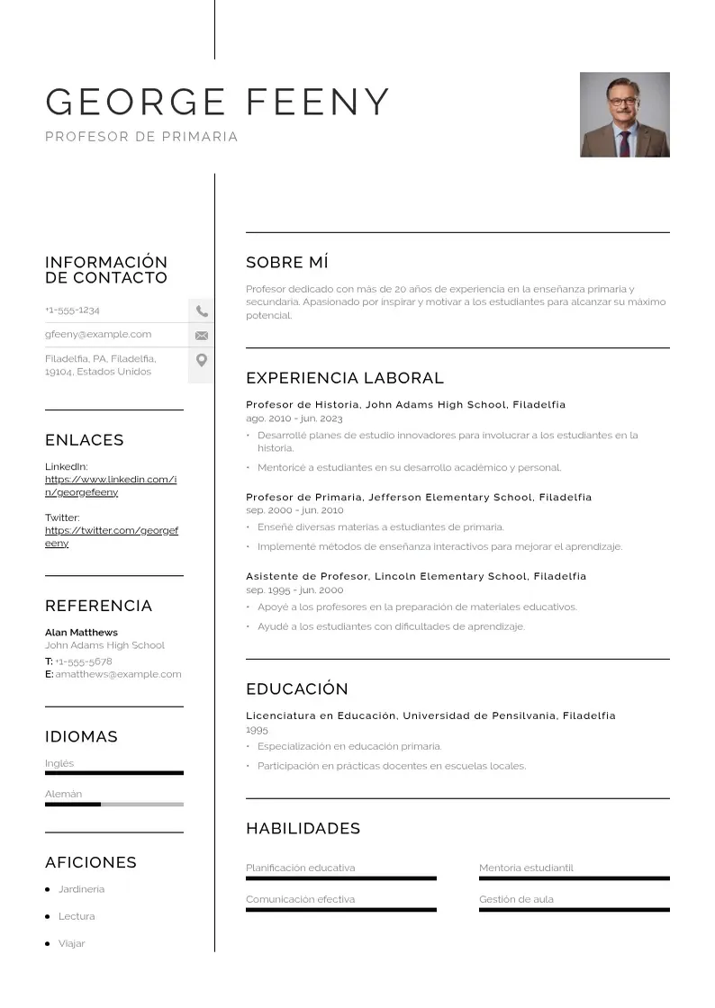 two column curriculum-de-profesor-de-primaria resume example