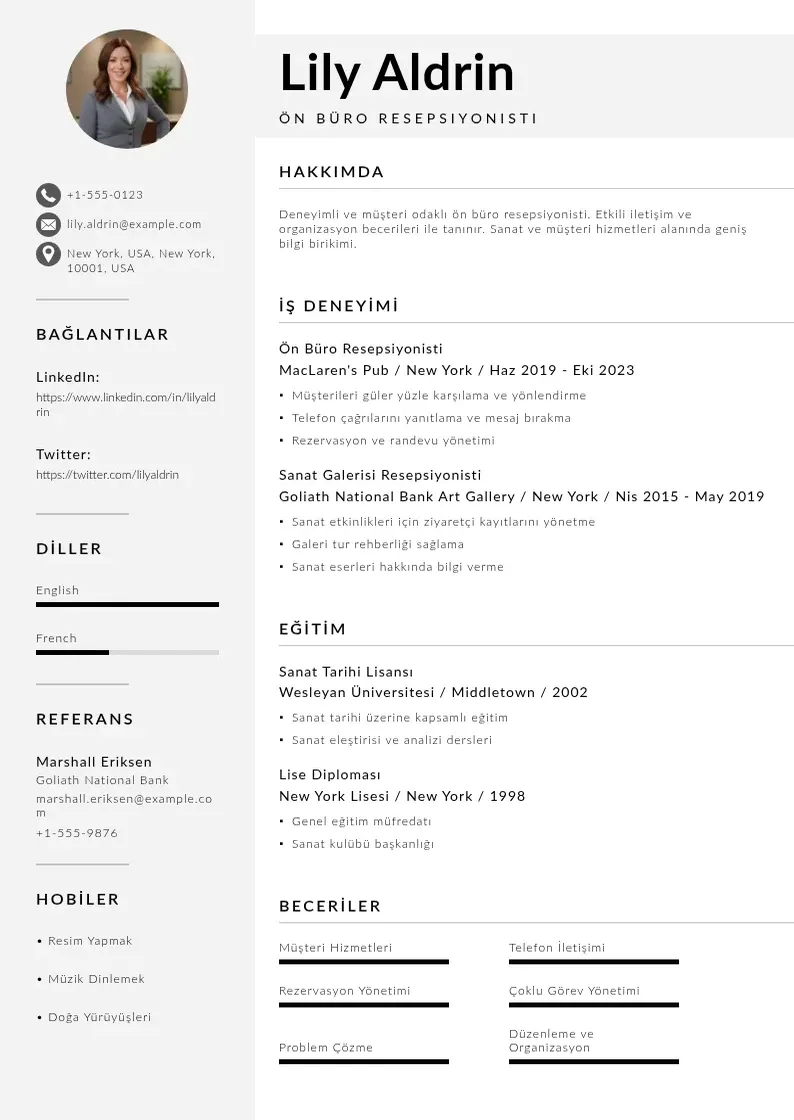 Mūsdienīga Ön büro resepsiyonisti  CV veidne