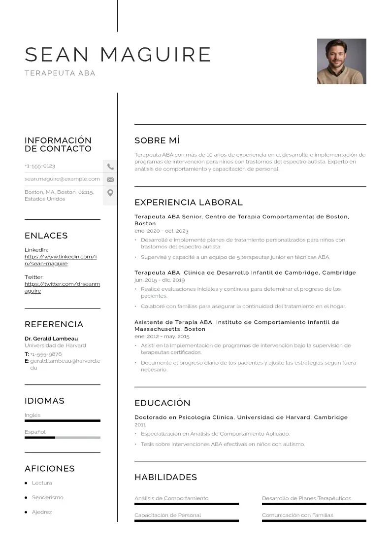two column terapeuta-aba resume example