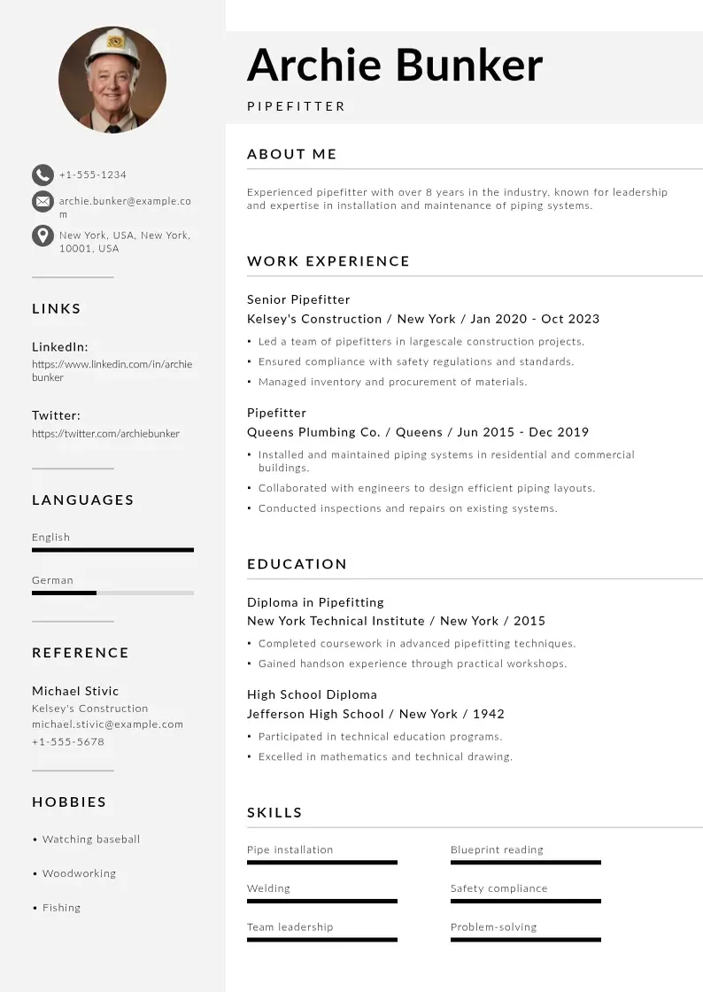 modern Pipefitter resume resume template