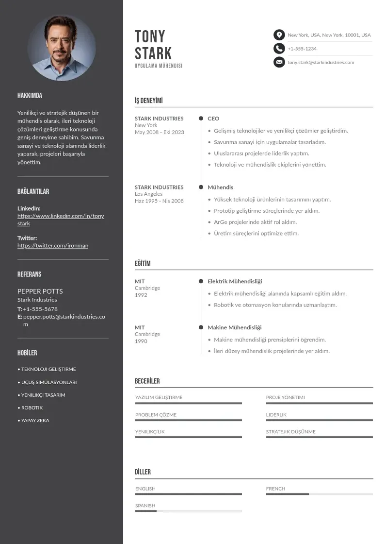 Divu kolonnu uygulama Mühendisi  CV piemērs