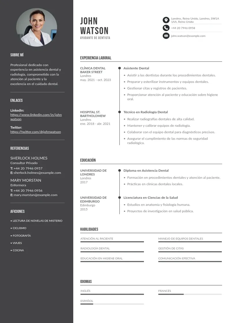 two column cv-ayudante-de-dentista resume example