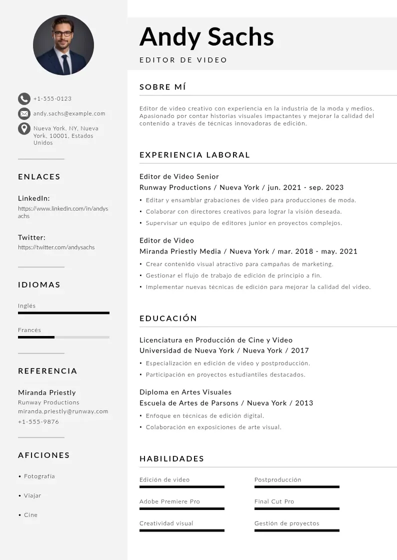 two column cv-editor-de-video resume example