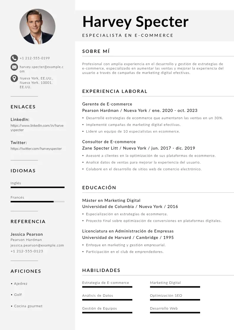 two column especialista-en-e-commerce resume example