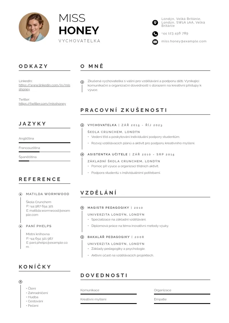 Profesionāla Vychovatel zivotopis CV veidne